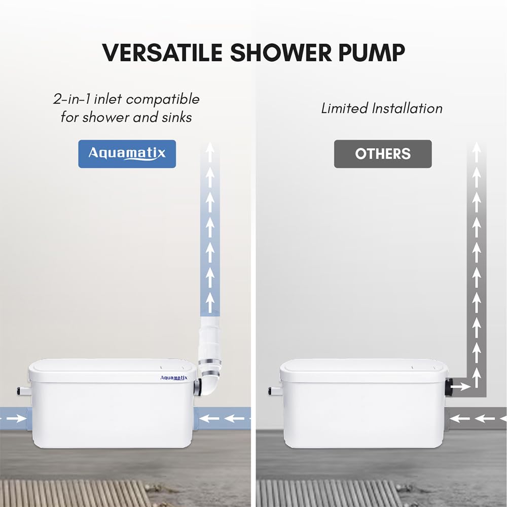 Aquamatix Shower Pump 250W Lifting unit Compact Drainage pump, Waste water pump 8m Vertical pump distance 100L/min for showers and sinks 2 inlets