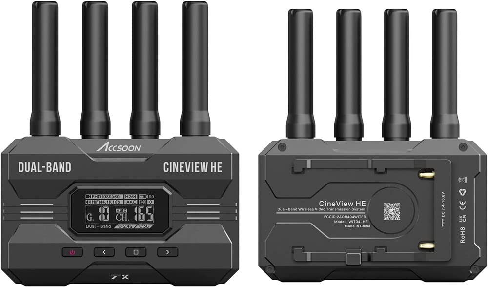 Accsoon CineView WIT04-HE video transmission dual-band HDMI wireless transmitter & receiver with a range of 1200ft (350m) and support for up to 4 monitor devices. Operates on 2.4+5Ghz frequencies with latency of less than 0.06s.