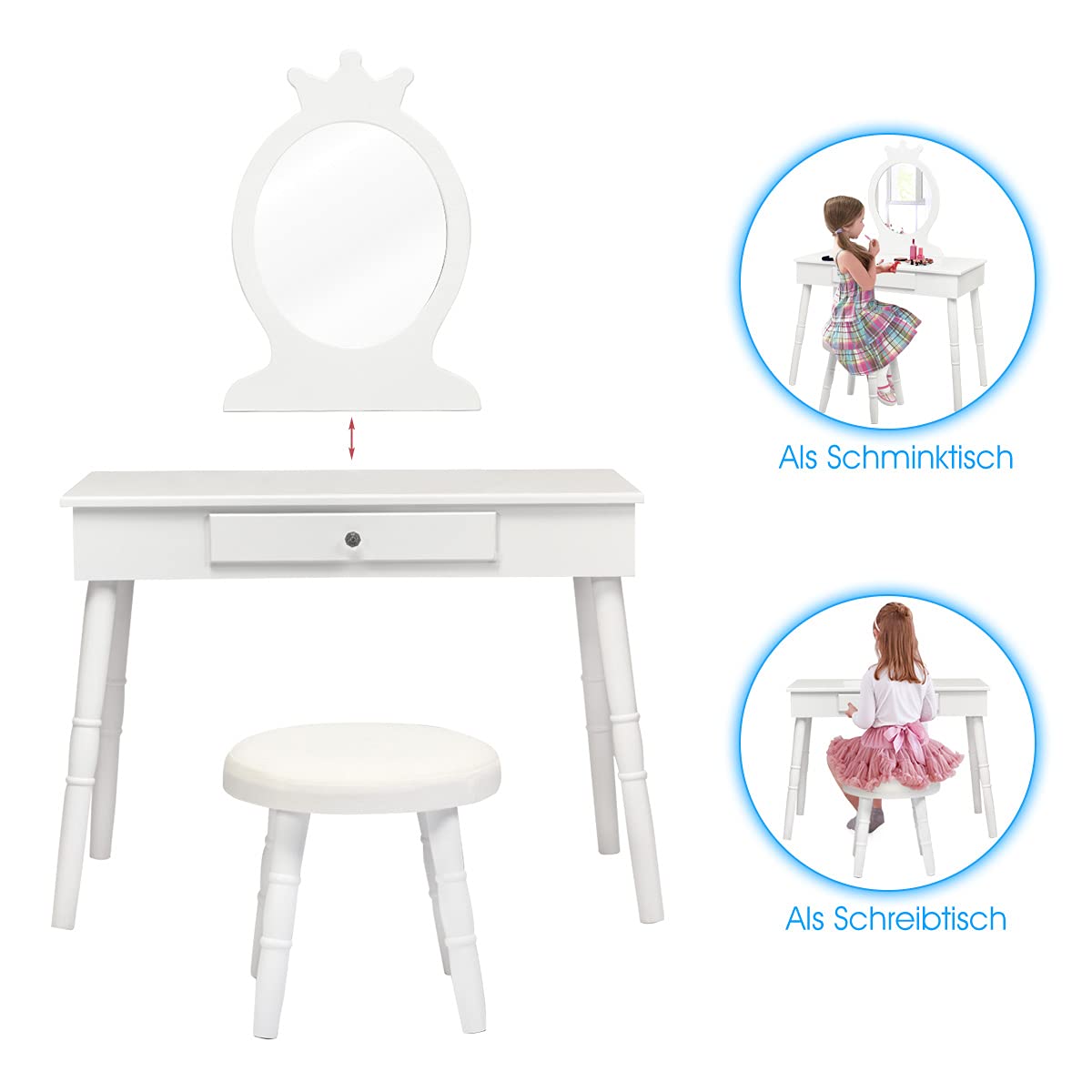 GOPLUS Kids Vanity Set with Stool, Girls Dressing Table with Mirror, Children's Cosmetic Table with Drawer, Wooden Makeup Dresser for Kids' Room (White)