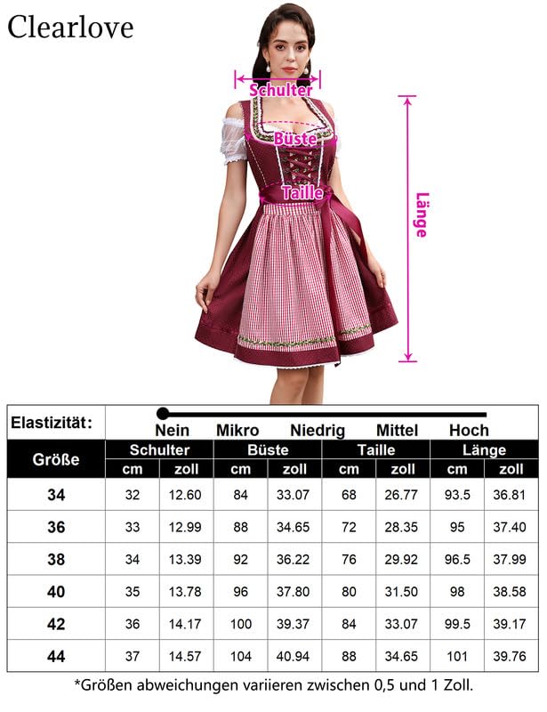 Clearlove dirndl for women midi 3-piece traditional costume for women, traditional skirt, traditional fashion dress, dirndl blouse for Oktoberfest (wine red, size 36)