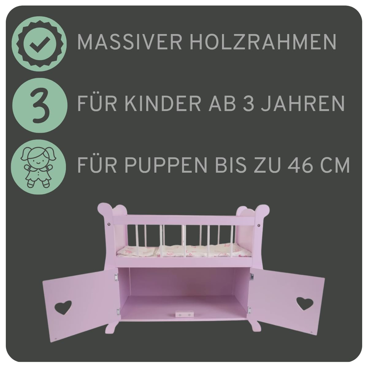 Bandits & Angels wooden doll bed Sweetheart with wardrobe pink - Suitable for dolls up to 46 cm - Includes blanket - Doll furniture.