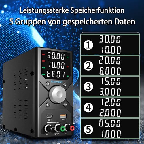Jesverty Lab Power Supply 0-30V 0-10A, adjustable DC regulated bench power supply with encoder knob, USB-A and USB-C fast charging, 4-digit LED display, preset memory - SPS-3010X