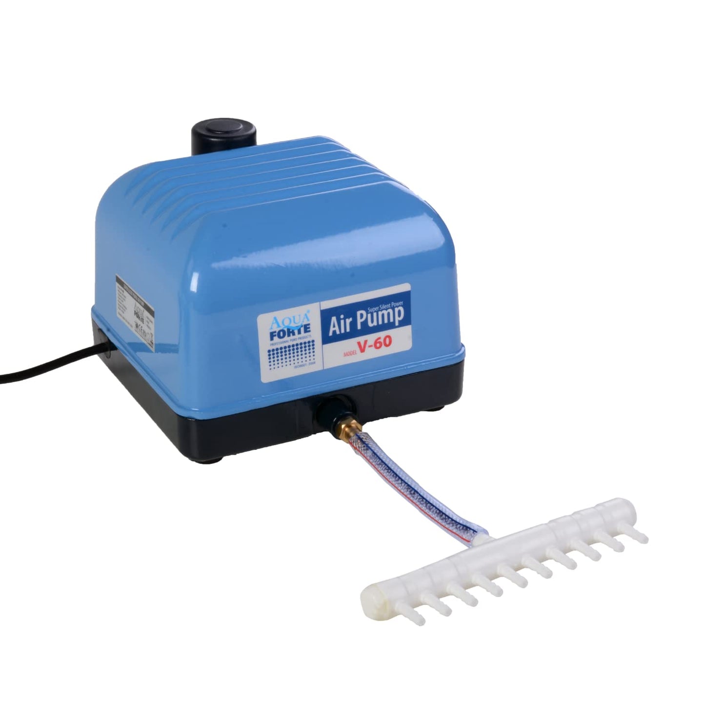 AquaForte Hi-Flow V-60 Air Pump Set, complete with air distributors, 50 m hose 4 x 6 mm, and 10 air stones 5 cm. Capacity at 2 meters 40 liters per minute. Maximum pond size 36 m3.