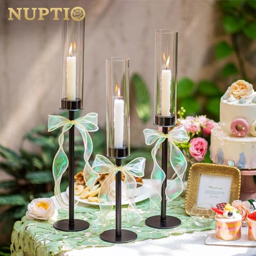 Nuptio glass cylinder candle holder black: 60 & 55 & 50cm clear glass metal candlestick pillar candle holder large baseless cylinder shade wedding table centerpiece