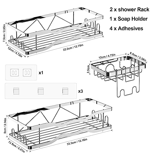 PNNP Shower Caddy without Drilling 3 pcs, Shower Shelf with 12 Hooks Soap Dish and Razor Holder, Bathroom Rack Stainless Steel for Shampoo and Shower Gel, Bath Rack Shower Caddy, Silver