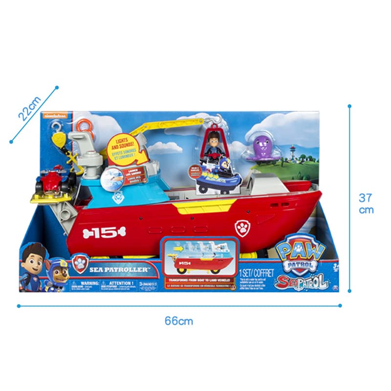 PAW Patrol Sea Patroller ship with Ryder figure and accessories, toy for children ages 3 and up, featuring light and sound effects, amphibious vehicle.