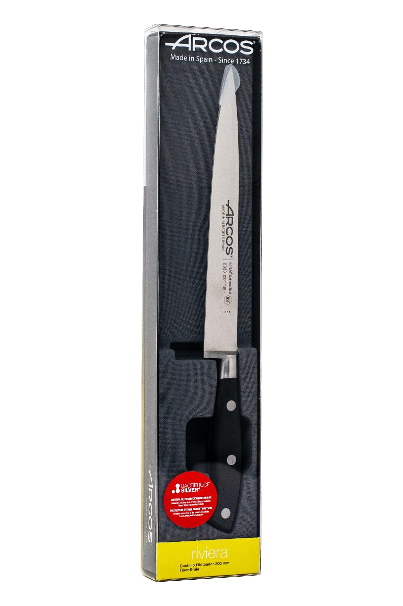 Arcos filleting knife with Nitrum stainless steel blade 200 mm - sharp knife for meat and fish - ergonomic handle made of polyoxymethylene (POM) - black, Riviera series