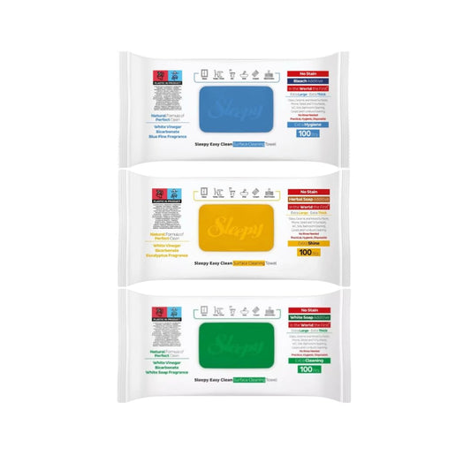 300x Sleepy cleaning wipes with bleach additive - Extra strong against stains - Green, Blue, and Yellow surface cleaning set - perfect for floors, kitchen, bathroom, and quick shine on smooth surfaces.