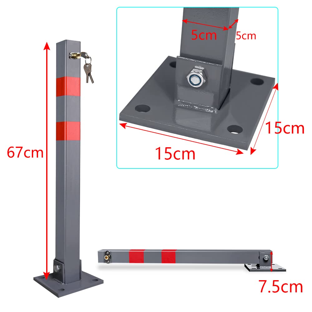 Jopassy 3* parking bollard barrier with 3 keys, steel foldable parking lock with reflective strips, sturdy base barrier post set.