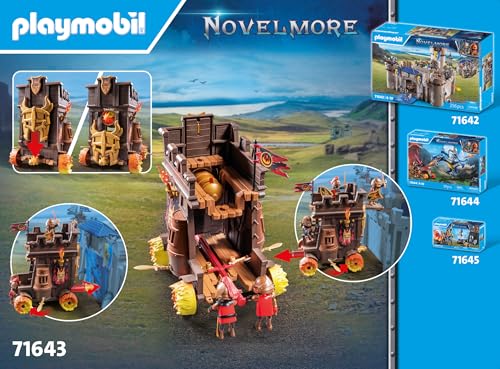PLAYMOBIL Novelmore 71643 Attack Vehicle with Fire Cannon, featuring three Burnham Raiders knights, includes various accessories for exciting battles, action-packed toy for children aged 4 and up.