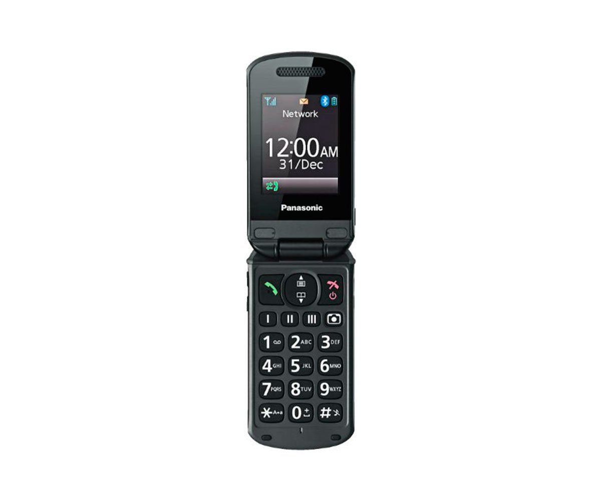 Panasonic KX-TU329EXME senior phone with 2.4-inch display, 2MP camera, and emergency call button.