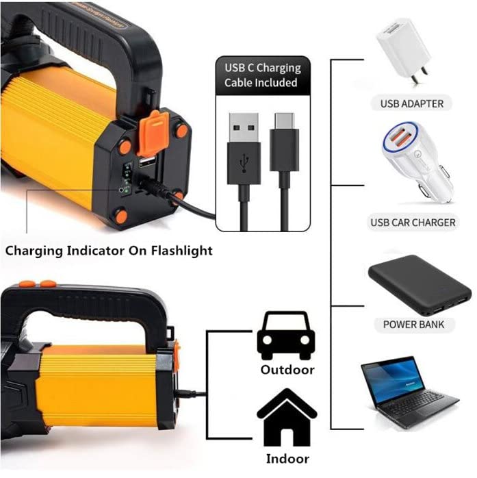 MAYTHANK LED flashlight extremely bright USB C rechargeable with lantern, large powerful metal spotlight large battery 10000mAh, handheld lamp 10000 lumens battery flashlight super bright, with handle carrying strap.
