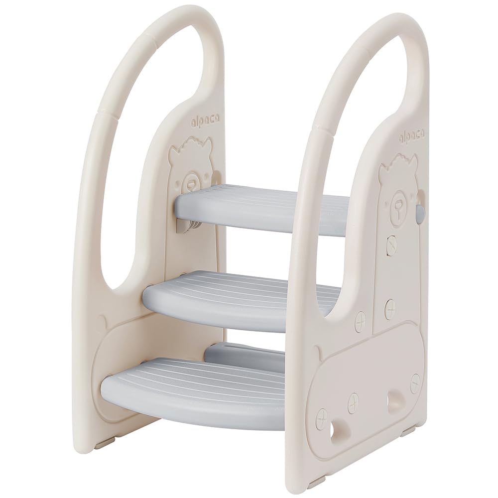 Onasti Kids Step Stool, Three-Step Height Adjustable Toddler Step Stool with Comfortable Handrail, Multi-Functional, Anti-Slip, Suitable for Ages 1.5 to 6 Years - (Grey)