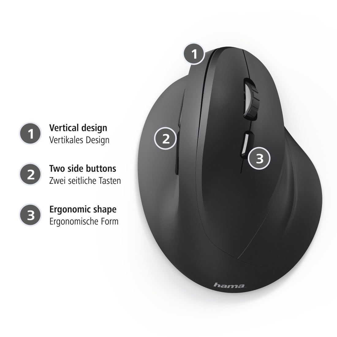 Hama wireless mouse ergonomic (Vertical mouse without cable for right-handers, wireless optical sensor mouse 1000/1400/1800dpi) black 00182699