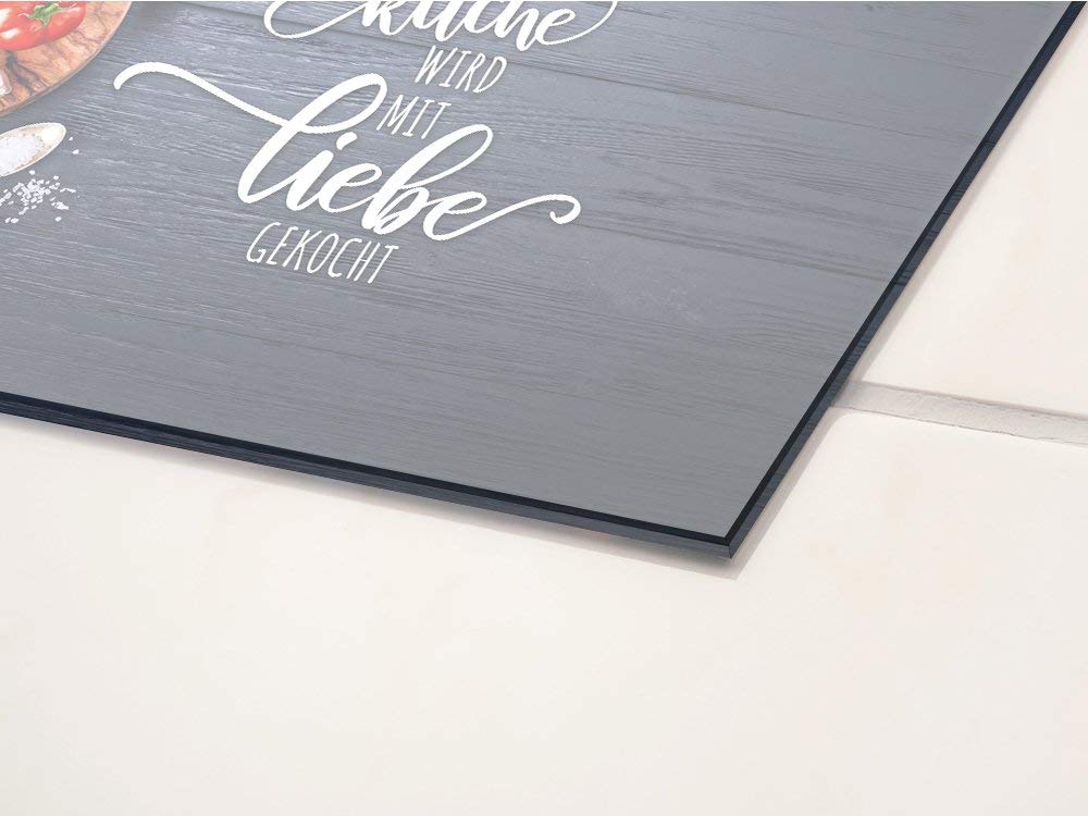 GRAZDesign kitchen glass splashback with the saying "Our kitchen with love", in grey. Backsplash glass for stove and sink, kitchen rear wall glass panel with design, 100x50cm.