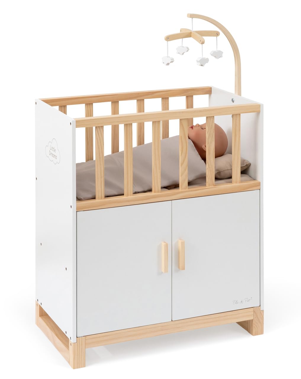 ELLA & PIET® Doll Bed Cozy with Wardrobe and Mobile made of Wood (White-Mud)