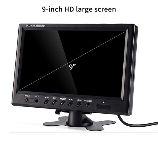 9 inch rear view camera set monitor with 4 pin cable, 4 waterproof night vision mirror cameras for trucks, RVs, trailers, caravans, and agriculture. 12V/24V/35V rearview camera cable for parking assistance.