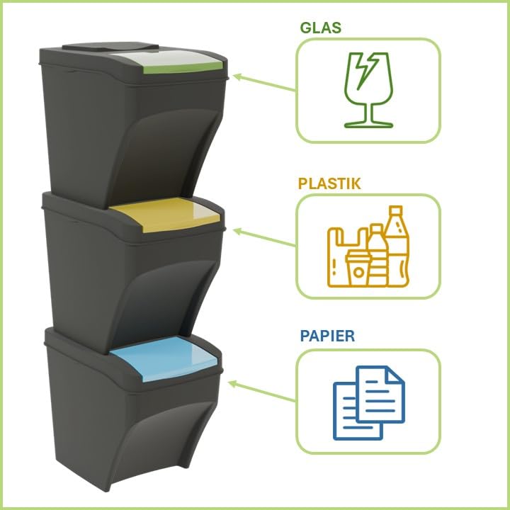 Practice 3 x 25L Kitchen Trash Can Stackable Box 3 Compartments - Trash Bin Box 3 pieces - Kitchen Trash Can with Lid