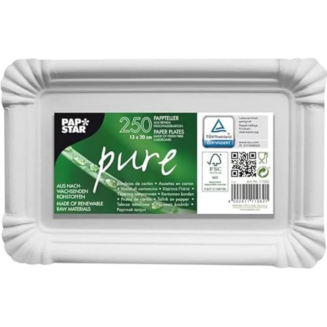 PAPSTAR napkins, 330 x 330 mm, 1-ply, white 12391 & 11062 250 plates, cardboard "Pure" square 13 x 20 cm, white