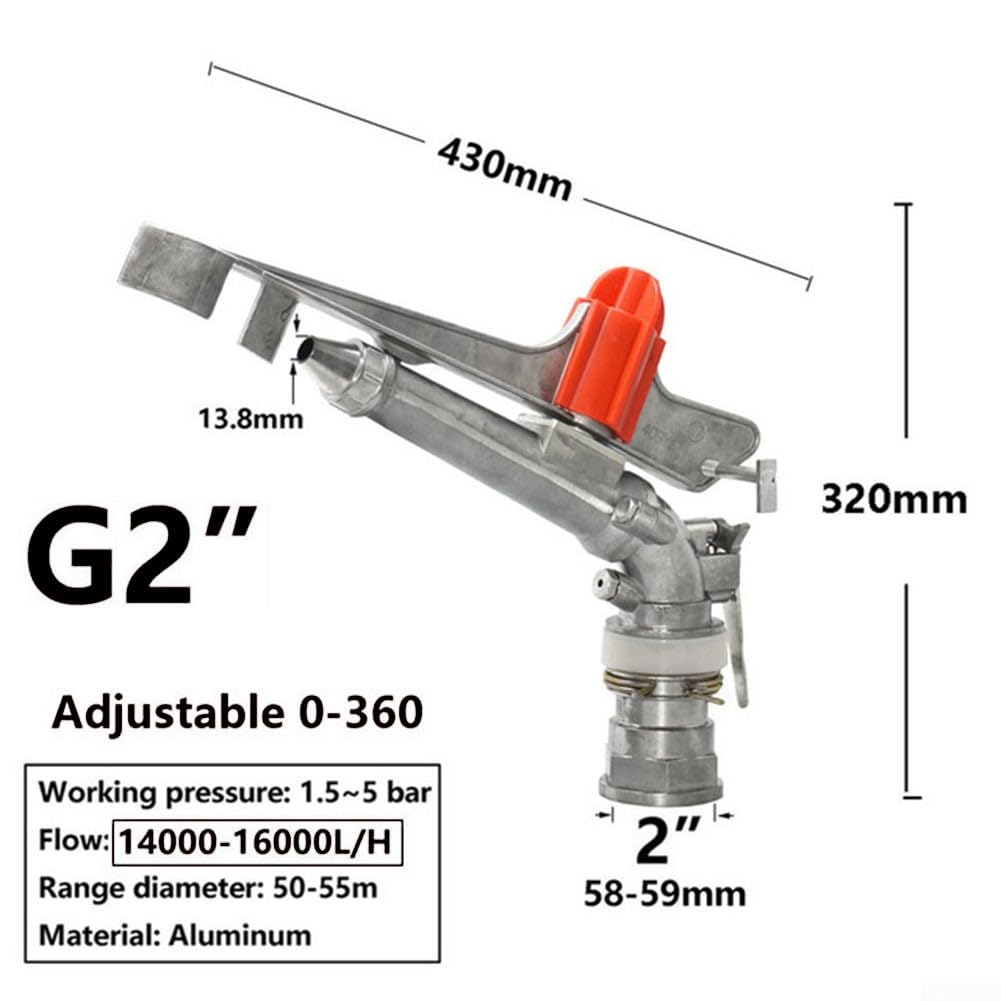 Internal thread, impulse sprinkler with large coverage 25-360 degrees. Suitable for farm, garden irrigation, watering various crops with a 130-inch spray radius.