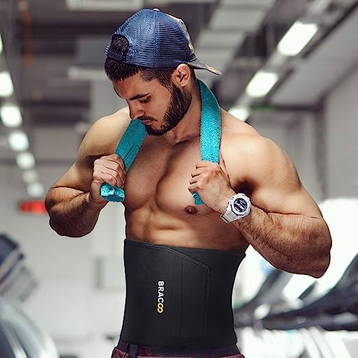 Bracoo waist trimmer belt for men and women, sweat belt for gym, sports, training, adjustable fitness belt, flexible neoprene waist belt, waist trainer for fitness training, SE22, S/M.