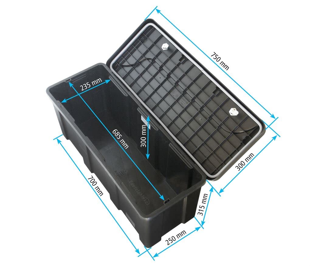 DAKEN Blackit L - 750 x 300 x 355 mm, drawbar box with 2 locks, toolbox for trailer storage box 50 L (with universal holder)