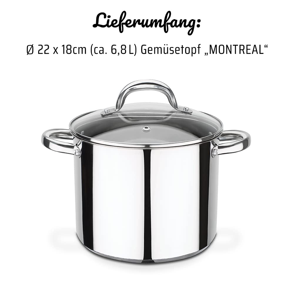 GSW 990196 Montreal Vegetable Pot with Glass Lid 22cm / approx. 6.8 liters, stainless steel, silver, 22 cm, 2