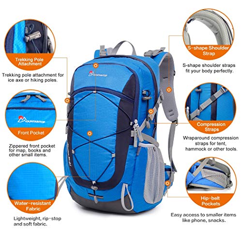 MOUNTAINTOP 40L hiking backpack with rain cover for backpacking, camping, cycling, and travel.