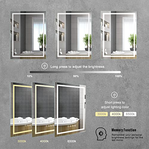Sanitemodar LED bathroom mirror with Bluetooth 70x90cm, fog-free bathroom mirror with lighting, wall mirror with three-colored lights, touch switch