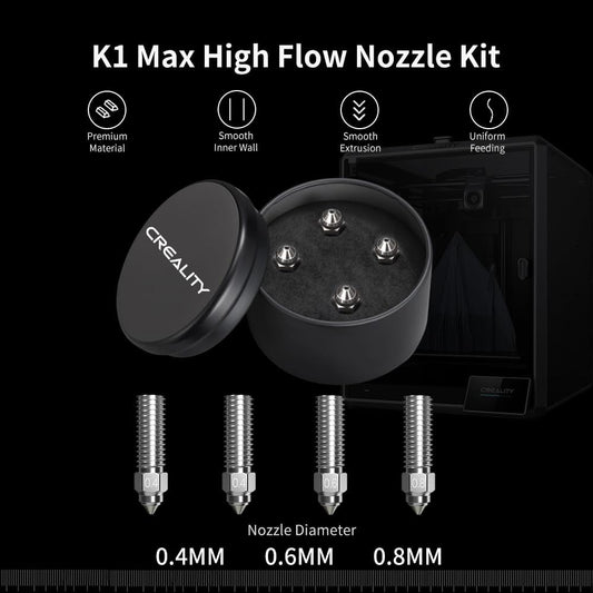 Creality Official K1 Max Nozzle Kit includes 4PCS of upgraded bimetallic copper alloy and hardened steel material, compatible with Creality K1/K1 Max 3D printers.