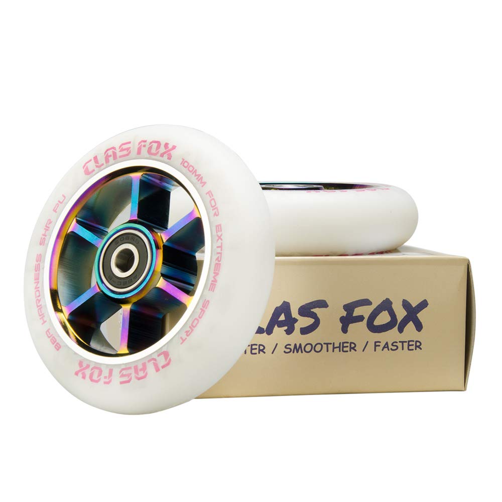 CLAS FOX Pro Stunt Scooter Wheels Roller Wheels 110mm A Pair with ABEC-9 Ball Bearings CNC Metal Core (2 pieces) (White-Rainbow)