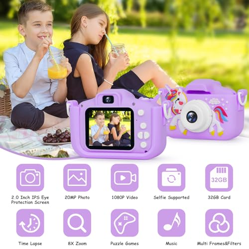 Kids camera with video function, girls' gifts/horse toy camera/1080p HD pixels + 32GB card, gifts for 3 4 5 6 7 8 year old boys and girls, kids for birthday gift Christmas