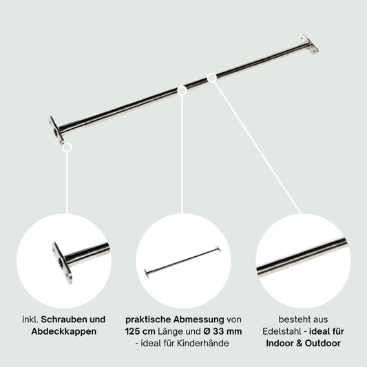 h2i Monkey bar for kids | Length 125 cm | Stainless steel bar | for garden & kids' room | Pull-up bar for outdoor & indoor | Stainless steel bar for gymnastics