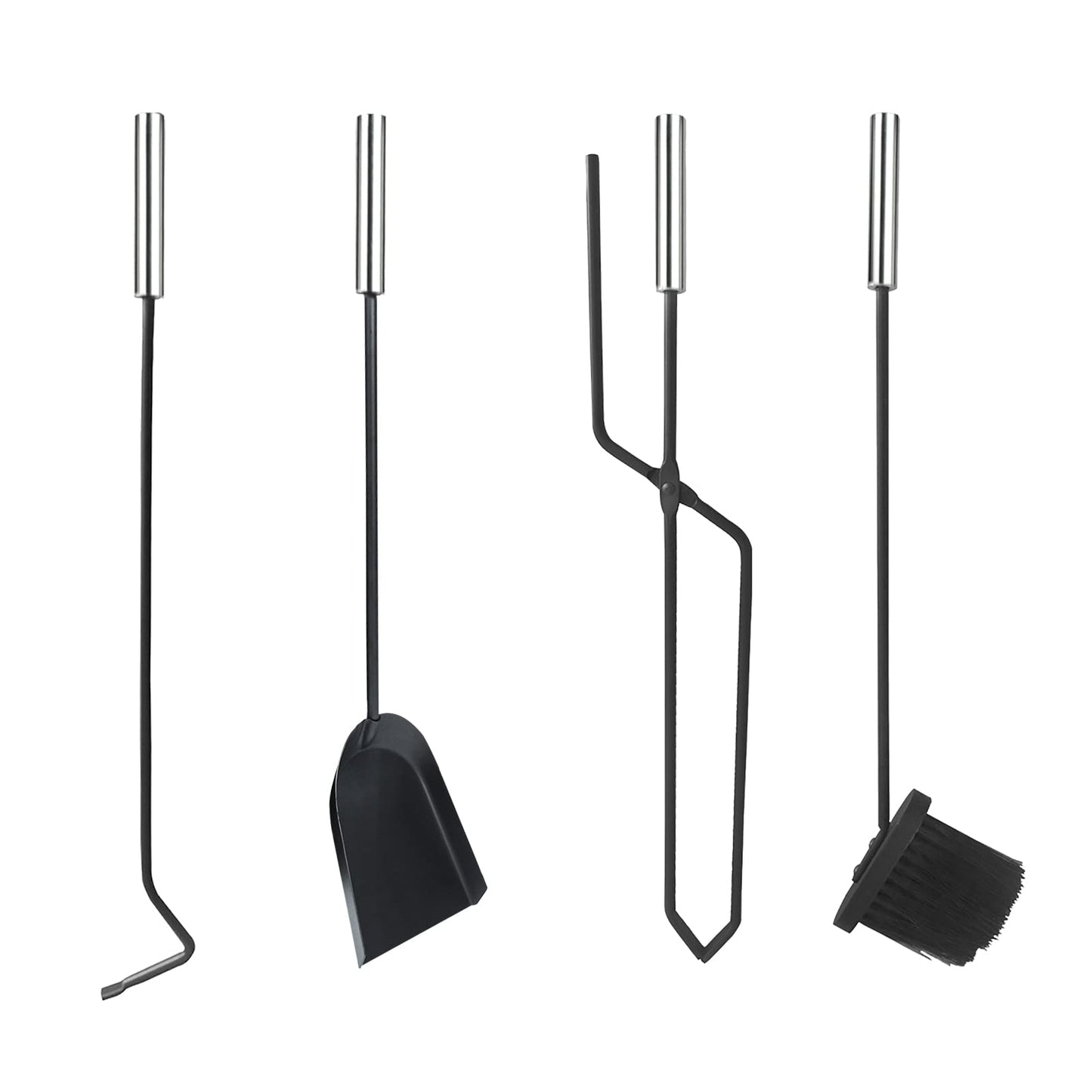 UISEBRT Fireplace Tool Set Black - Modern Stainless Steel 5-piece fireplace tool set: stainless steel stand with windshield, broom, tongs, poker, ash shovel (Black)