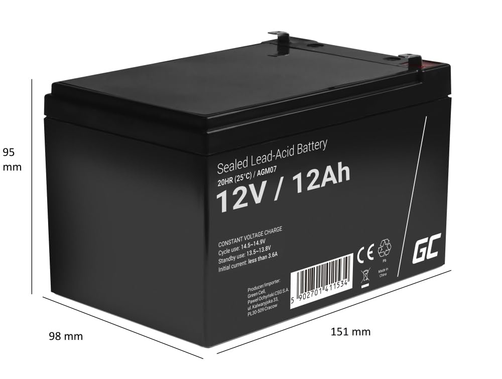 Green Cell AGM 12V 12Ah battery VRLA lead-acid battery replacement battery gel battery battery cyclically resistant unmanned toy, electric toy, alarm, emergency power, children's vehicles, children's quad, black