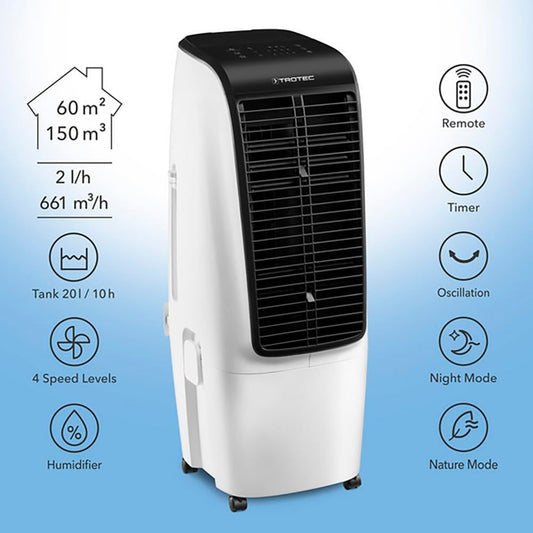 TROTEC Aircooler PAE 51 mobile air cooler, 4-in-1 air cooler, humidifier, air purifier, and fan, 20 l tank, 2 l/h evaporative capacity, 4 fan speeds, timer, night mode.