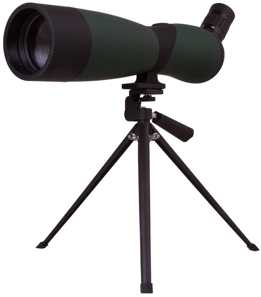 Levenhuk Blaze Base 70 Portable Spotting Scope with BK-7 glass optics, metal table tripod, and carrying case for observing wildlife, urban, and natural landscapes.