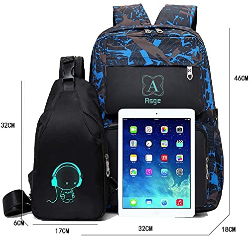 Asge school backpack for boys and girls - Waterproof backpack for teenagers, reflective, large, for school and outdoor camping, including shoulder bags set.