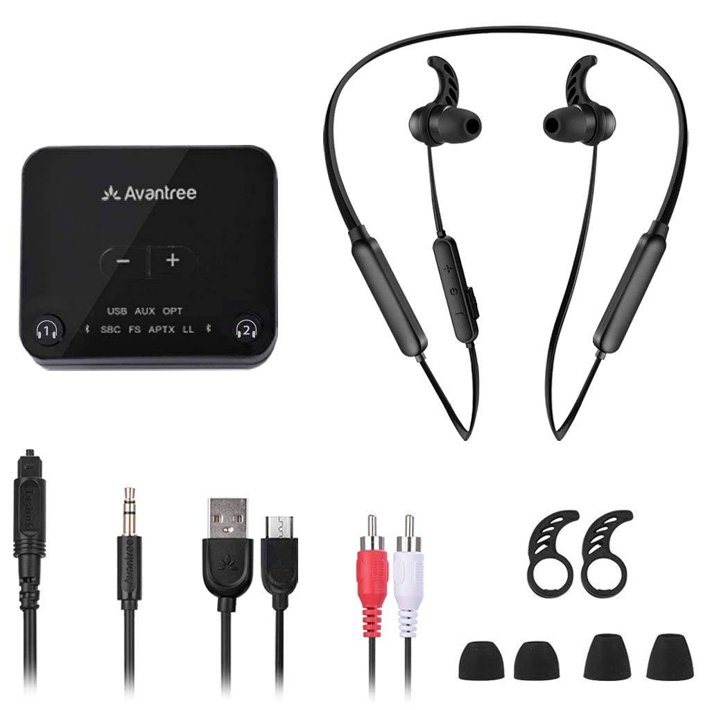 Avantree HT4186 Wireless Neckband Headphones for TV, PC with Bluetooth Transmitter (Optical, RCA, AUX). Plug & Play, No Delay, Great for Seniors.