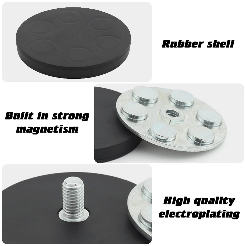 2 pieces Neodymium Magnets Rubber Coated, Ø 88mm Rubber Round Magnets, Flat Grip Magnet, Disc Pot Magnet with M8 External Thread, 55kgs Holding Capacity, for Light Strips, Rubber Round Magnets with Thread.