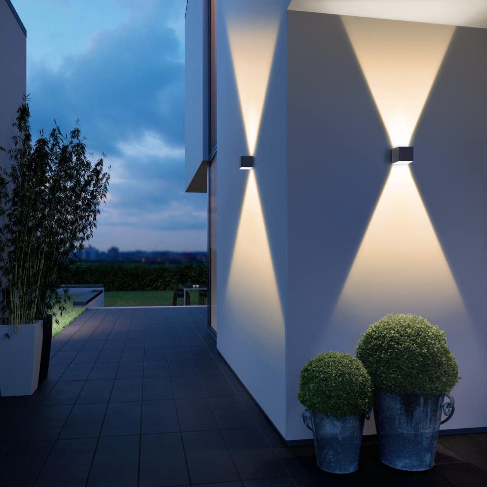 Metzler LED wall light in anthracite with up-down light IP 65 warm white, 9 W, 3000 K, rectangular outdoor lamp with adjustable light beam, suitable for indoor and outdoor use.