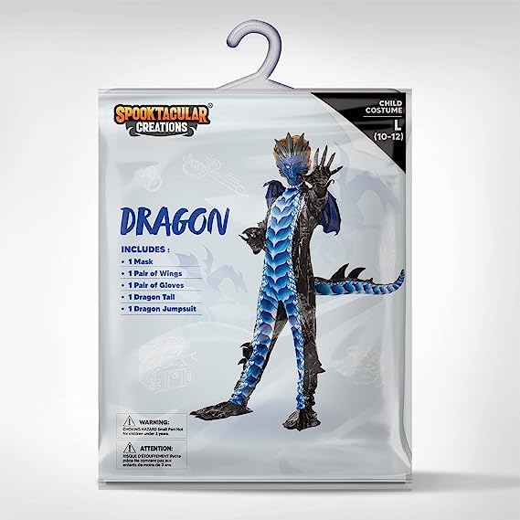 Spooktacular Creations Kids Boys Black and Blue Dragon Costume, Dragon Wings and Mask, Halloween Suit Dragon Outfit for Boys for Halloween Parties, Cosplay-L