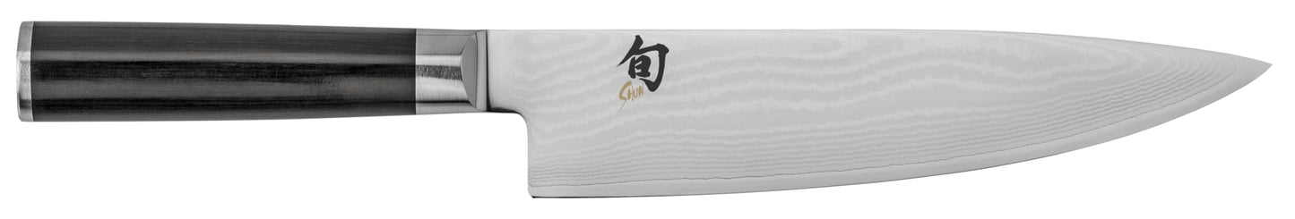KAI Shun Classic 8-inch Japanese chef's knife - Damascus blade with 32 layers, VG-MAX core, 61 (±1) HRC - Pakka wood handle - Made in Japan - Forge-finished kitchen knife, chef knife, utility knife.