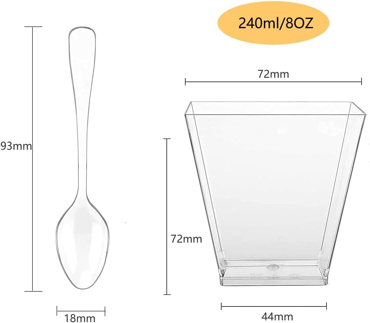 50 pieces of dessert cups with 50 spoons, 8 OZ/240ML clear dessert bowls. Reusable square and trapezoid dessert cups for home, desserts, pudding, mousse, ice cream, and parties.