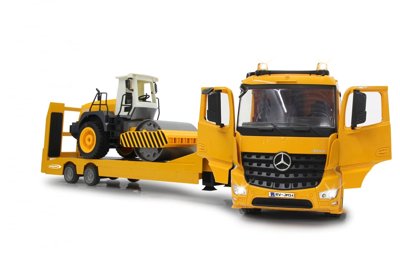 Jamara 405107 - Low loader Mercedes Arocs 1:20 2.4GHz - Coupling and uncoupling low loader, low loader support + ramp up/down, horn, reverse alarm sound, realistic engine sound, 2 speed levels, Yellow