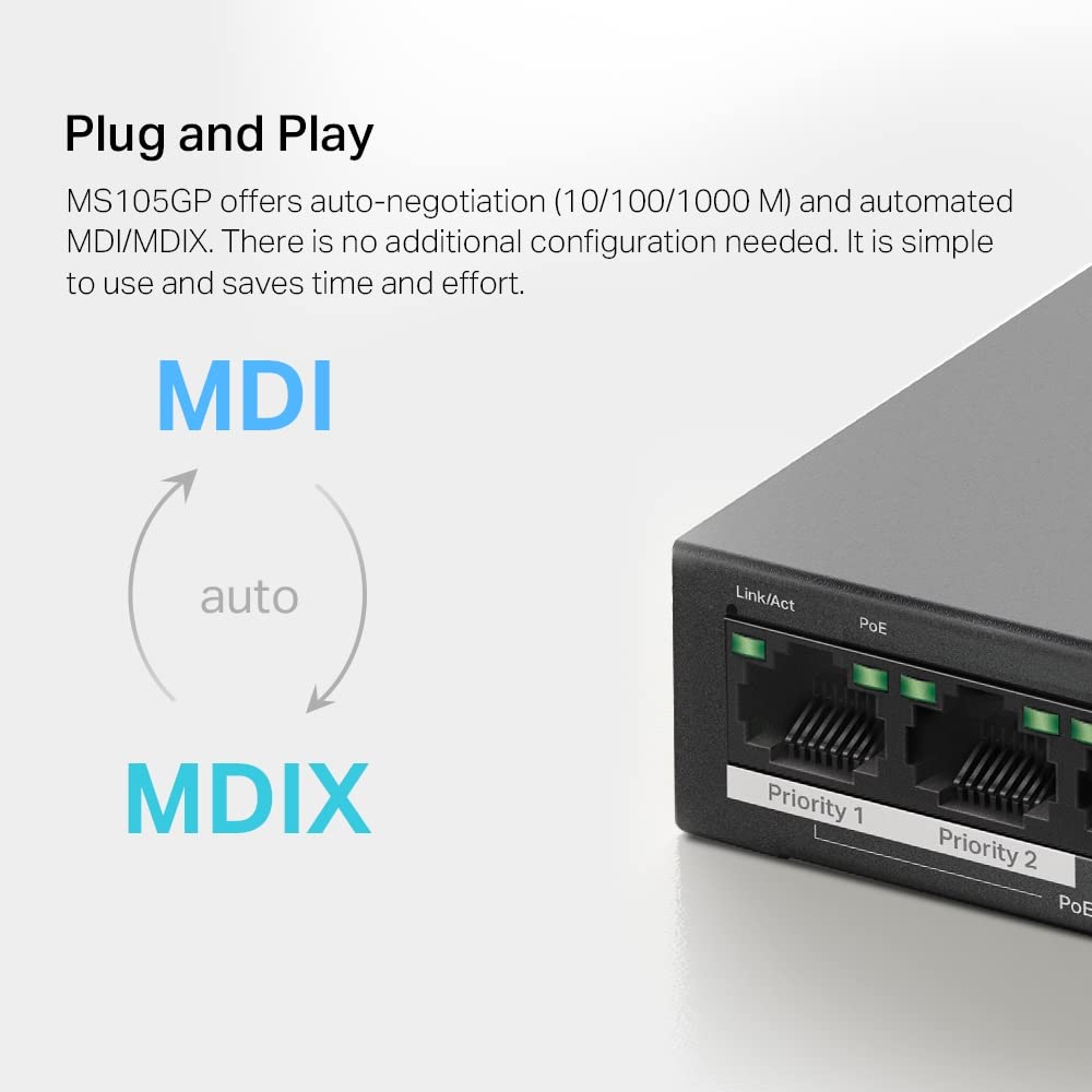 Mercusys MS105GP PoE Switch 5-Port Gigabit LAN Switch with 4 PoE+ Ports (65 Watts, IEEE 802.3af/at PoE, fanless, plug-and-play, sturdy metal housing)