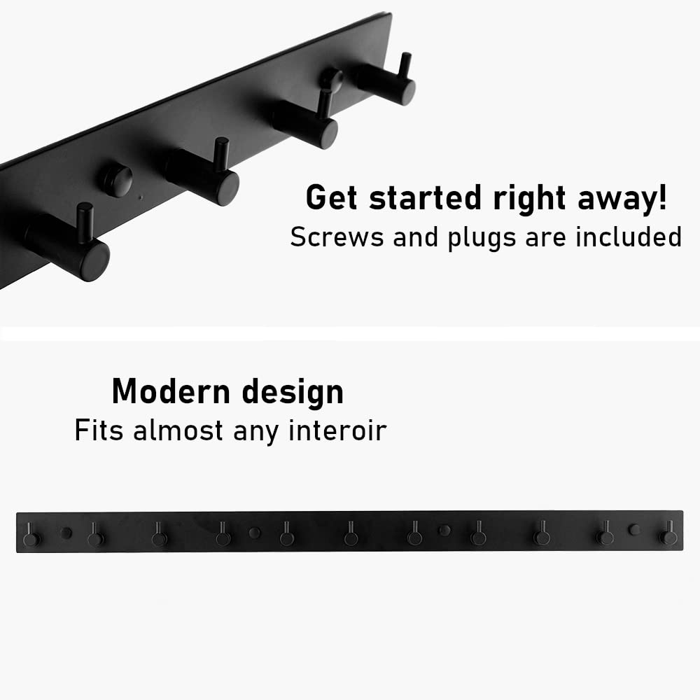 Brute Strength - Coat Rack - 11 Hooks - 74 cm - Stainless Steel - Door Hooks for Kitchen, Black Hook Rail, Wall Coat Rack, Bathroom, Living Room, and Hallway for Hats, Scarves, Handbags - Towel Hooks