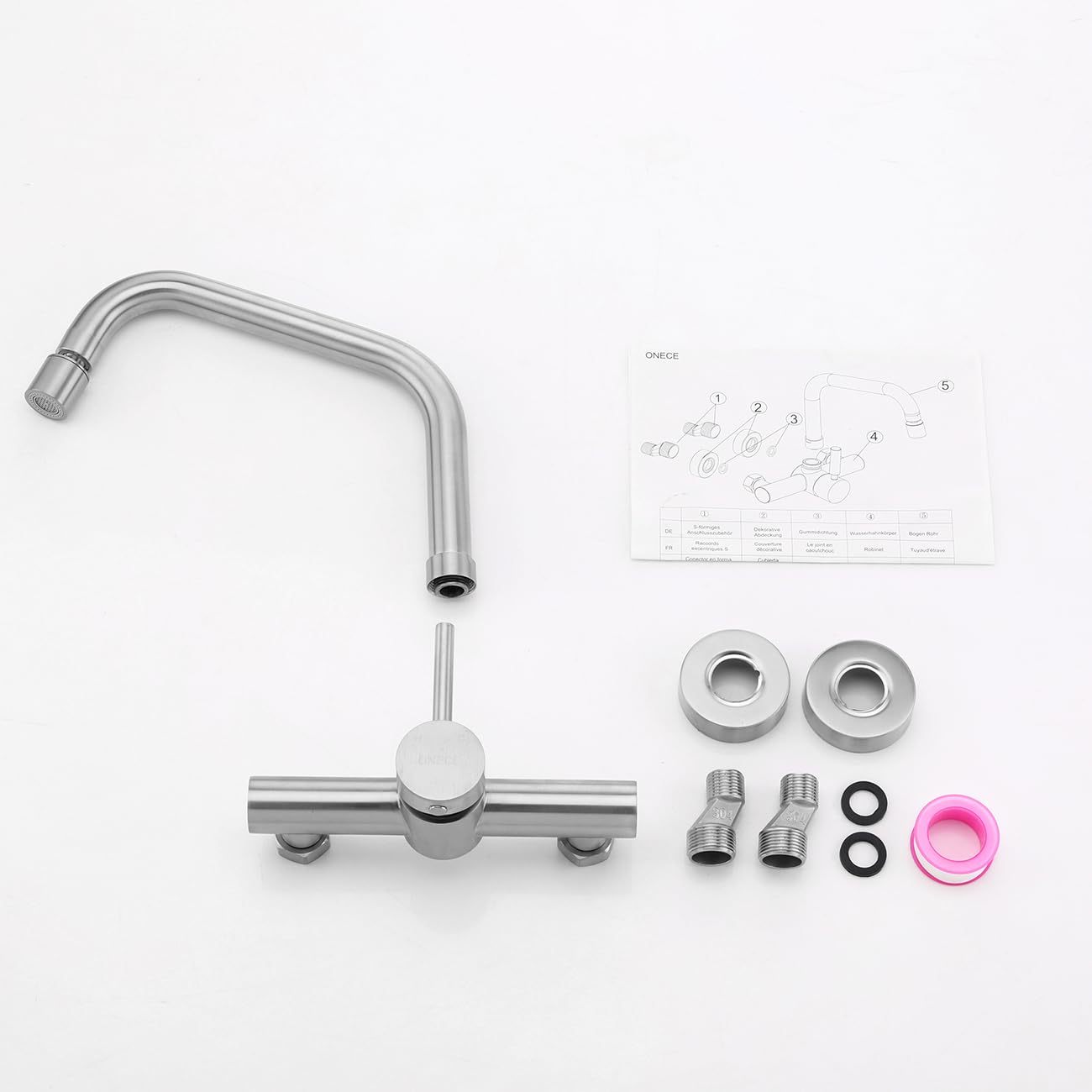 ONCE wall-mounted kitchen faucet with 2 spray settings, kitchen faucet wall mixer with 360° swivel, wall-mounted kitchen sink faucet in brushed stainless steel, matte.