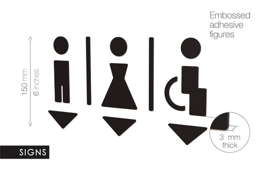 3DP Signs - Embossed Toilet Design Door Sign SA113 Black self-adhesive restroom signs - Modern ladies' restroom sticker bathroom sign for doors - Man, woman, and wheelchair user accessible toilet sign
