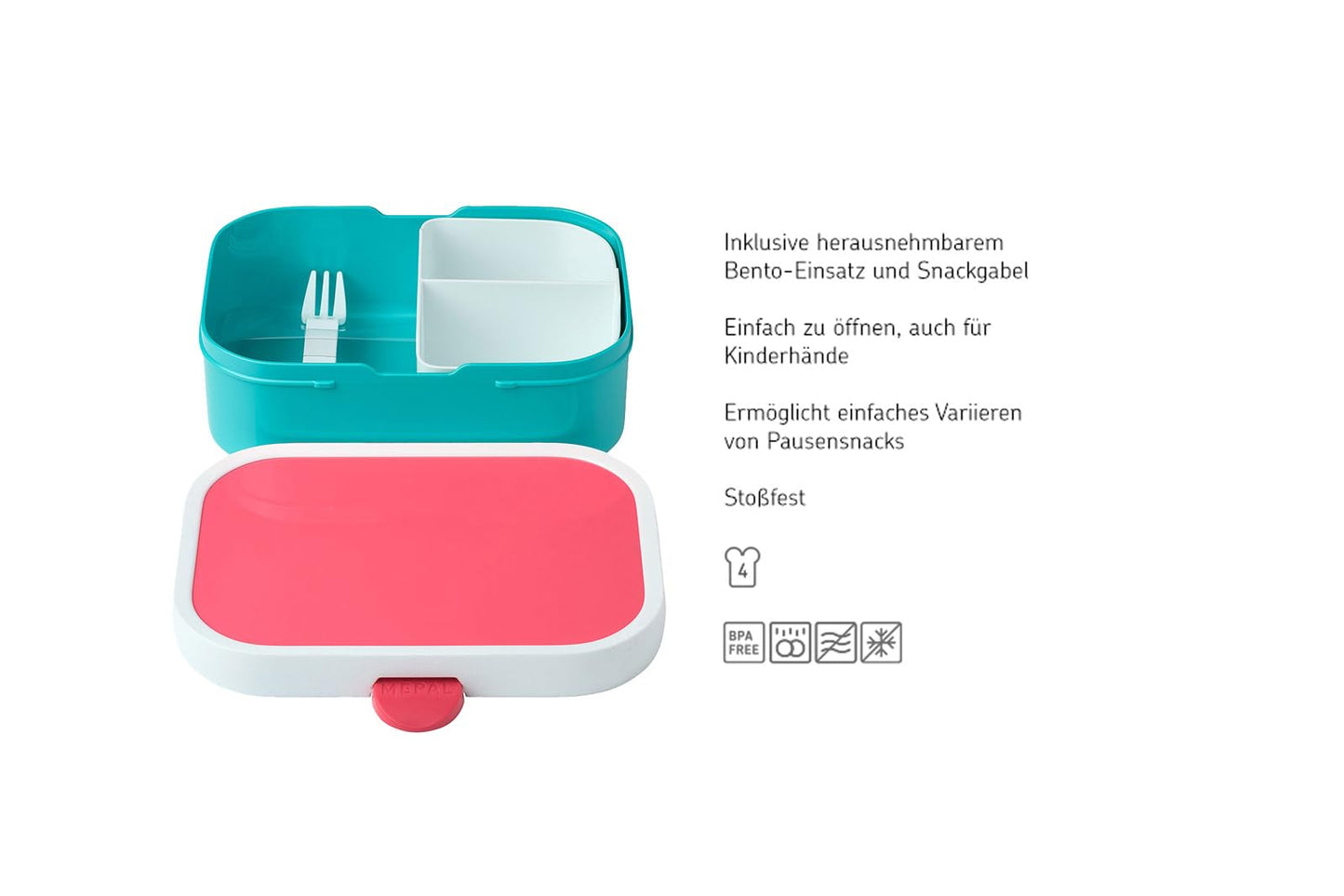 Mepal - Campus Lunchbox - Bento Lunchbox for Kids - Lunchbox with Bento Compartment & Fork - Meal Prep Box with Clip Closure - BPA-free & Dishwasher Safe - 750 ml - Turquoise with Pink Lid